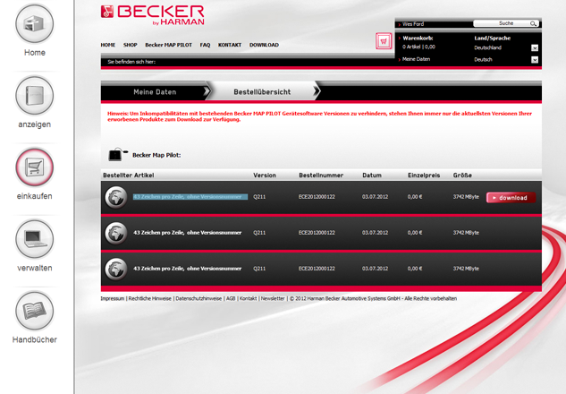 Zur Becker® MAP PILOT-Produktwelt gehört der Content Manager mit Geräte-Download und Online Handelsplattform
