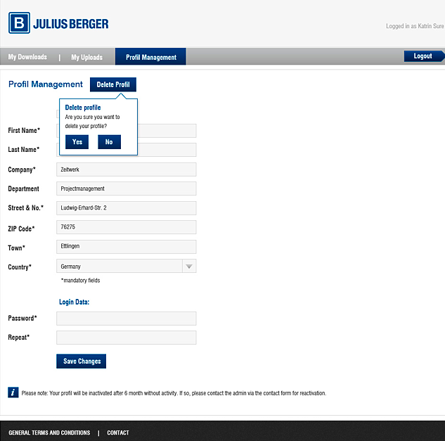 Projektextranet : Mitarbeiter können sich registrieren, um unternehmensrelevante Daten up- und down zu loaden.