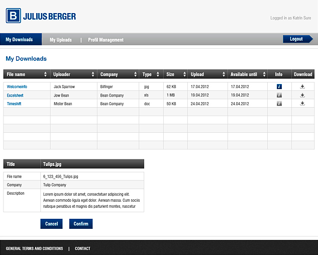 Projektextranet: Unternehmensrelevante Daten up- und down zu loaden.