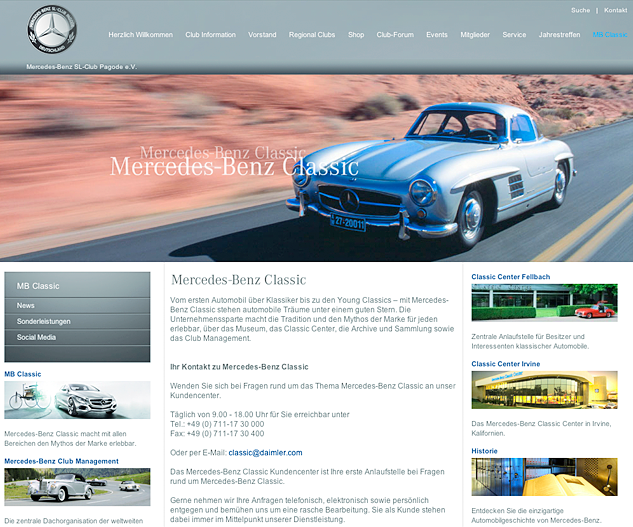 Das Portal beherbergt die Websites aller Mercedes Benz Classic Clubs
